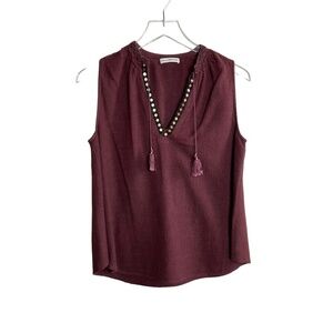 ULLA JOHNSON | Silk V Neck Blouse Sequin Tassel Boho Burgundy Sleeveless